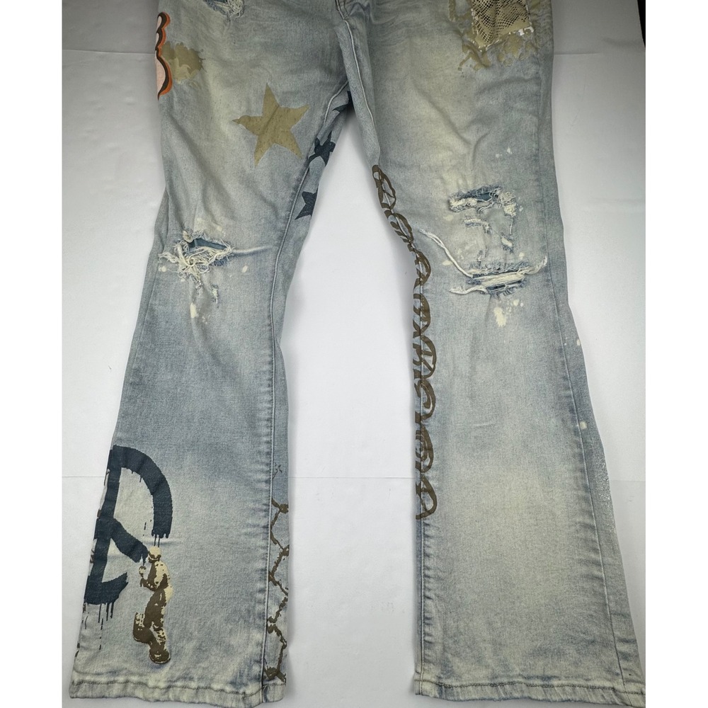 Grindhouse Denim Jeans 44 Light Wash Distressed Streetwear Graphic Star Peace - Picture 10 of 13
